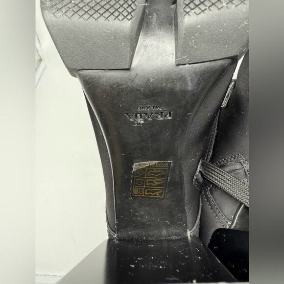 Prada Black Leather/ Re-Nylon Metal Triangle Logo 110mm Ankle Boots EU 38.5 - Picture 13 of 15
